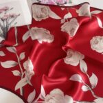 Silk Satin Print Green Long Scarf Red Rose - Image 3
