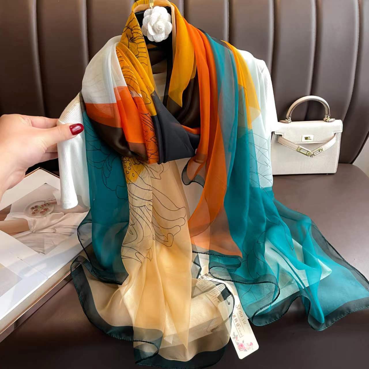 481679636_122194838624180887_5047426107757563289_n.jpg Elegant block peony Transparent Thin Silk Printing Long Scarf - Image 1