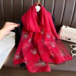 All Dress match Silk High-end Beaded Thin Long Scarf Wine red