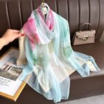 Elegant Lotus Rhyme Transparent Thin Silk Printing Long Scarf