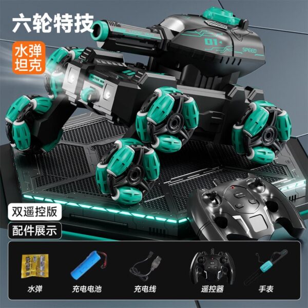Baby Toy Six-wheel stunt tank remote control  can launch rechargeable light music gesture induction green