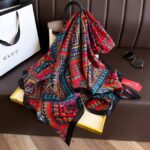 Silk Satin Long Scarf Red and blue geometry - Image 3