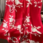 Silk Satin Print Green Long Scarf Red Rose - Image 2