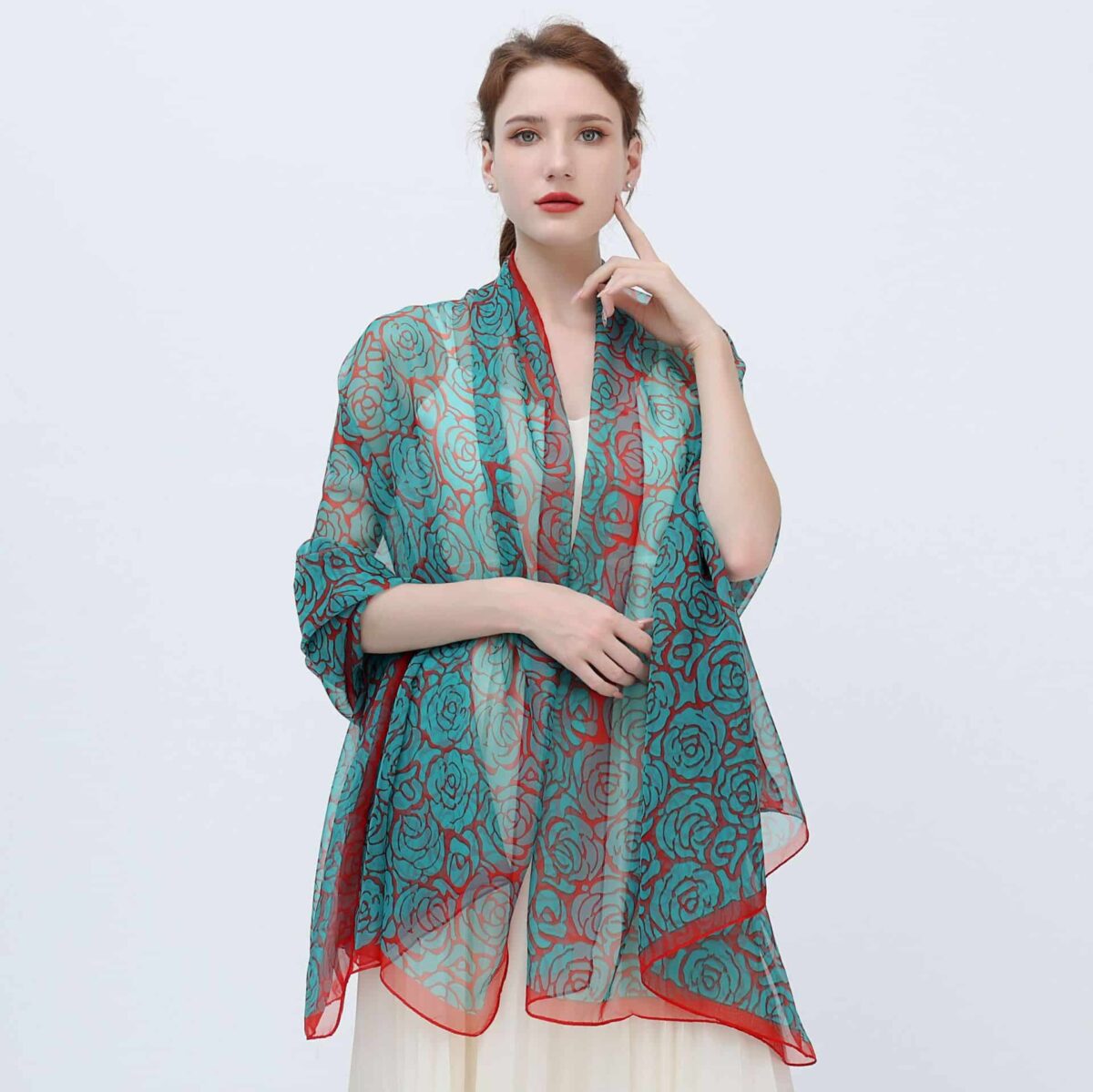 Elegant Rose bushes Red Transparent Thin Silk Printing Long Scarf - Image 3