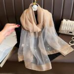 All Dress match Silk High-end Beaded Thin Long Scarf Khaki
