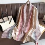Light Luxury Beige Long Silk Scarf Colored stripes - Image 3