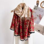Silk Satin Printing Western Style Long Scarf Leaves red