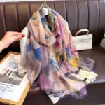 Elegant purple rose Transparent Thin Silk Printing Long Scarf