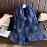 All Dress match Silk High-end Beaded Thin Long Scarf Navy blue