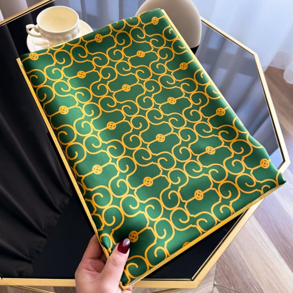 Silk Satin Printing Western Style Long Scarf gold pattern-green - Image 3