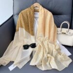 Silk Satin women's printed Long Scarf Beige - Image 3