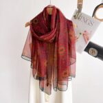 Women's All Dress Matching Elegant Fangting Maroon flower Transparent Thin Silk Printing Long Scarf