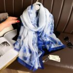 Elegant White Blue Transparent Thin Silk Printing Long Scarf - Image 2