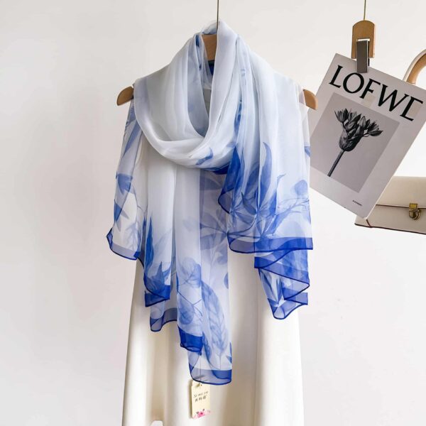 Elegant White Blue Transparent Thin Silk Printing Long Scarf