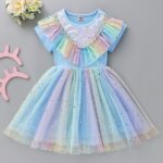 Princess Dress Girls Autum Style Rainbow Short Sleeve Blue plus velvet