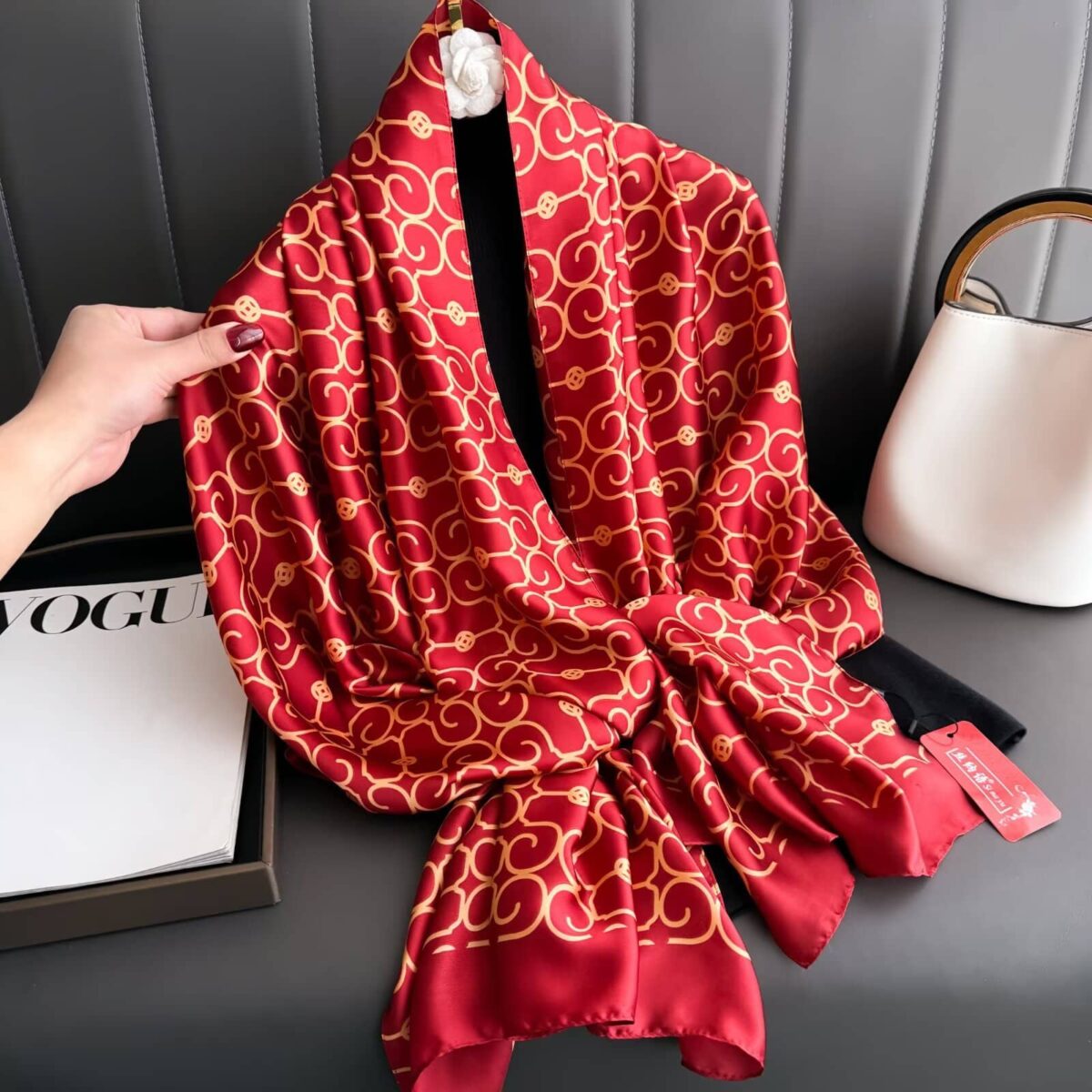 Silk Satin Printing Western Style Long Scarf Geometric red - Image 2