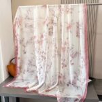 Elegant Pink flowers and plants Transparent Thin Silk Printing Long Scarf