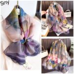 Elegant purple rose Transparent Thin Silk Printing Long Scarf - Image 2