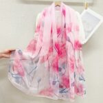 Women's All Dress Matching Elegant Transparent Thin Silk Printing Long Scarf Pink Daffodils