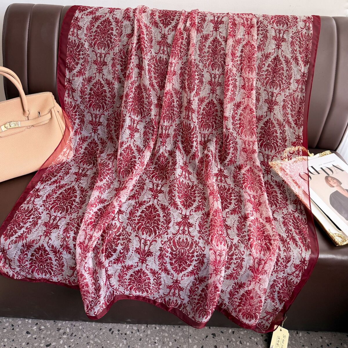 Elegant Pink Carnation Transparent Thin Silk Printing Long Scarf - Image 2