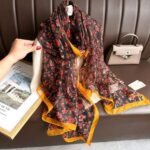 Transparent Thin Silk Safflower With Black Long Scarf