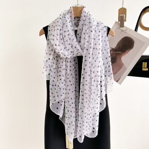Elegant White polka dots Transparent Thin Silk Printing Long Scarf