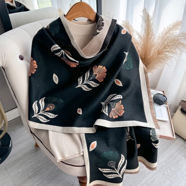 Black Luxurious Floral Design Women's Winter Shawl