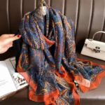 Elegant Blue and Orange Transparent Thin Silk Printing Long Scarf