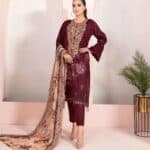 Three-Piece Unstitched Printed Cotton Pakistan Inspire Maroon