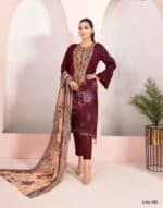 Three-Piece Unstitched Printed Cotton Pakistan Inspire Maroon