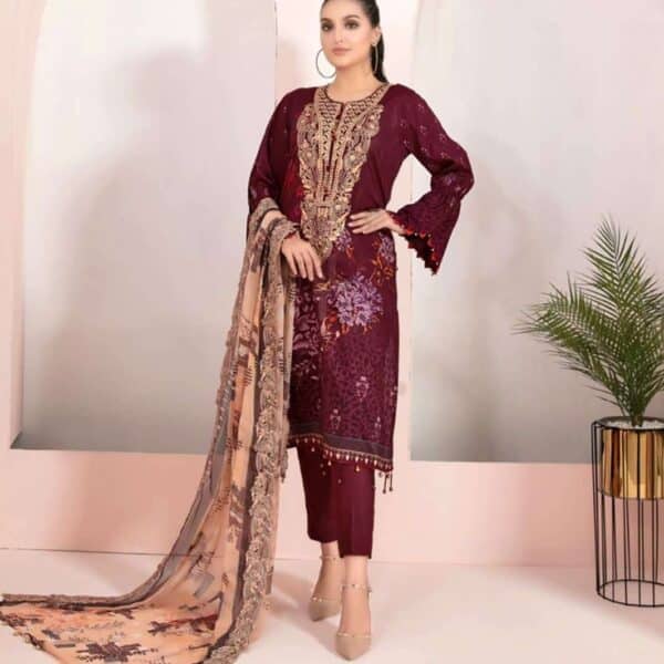 Three-Piece Unstitched Printed Cotton Pakistan Inspire Maroon