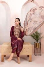 Three-Piece Unstitched Printed Cotton Pakistan Inspire Maroon - Image 2